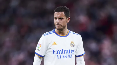 BILBAO, SPAIN – DECEMBER 22: Eden Hazard of Real Madrid reacts during the LaLiga Santander match between Athletic Club and Real Madrid CF at San Mames Stadium on December 22, 2021 in Bilbao, Spain. (Photo by Juan Manuel Serrano Arce/Getty Images)