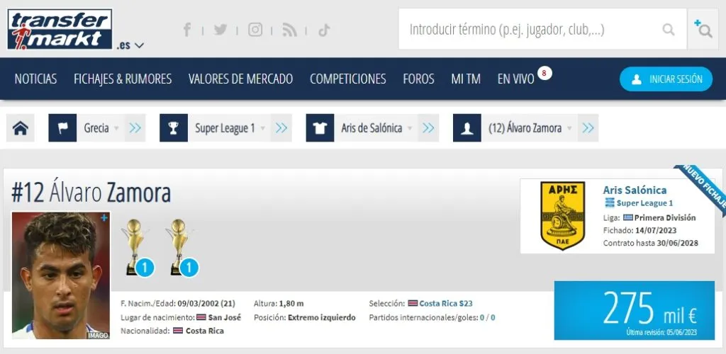 Álvaro Zamora mantiene su precio de 275 mil dólares.