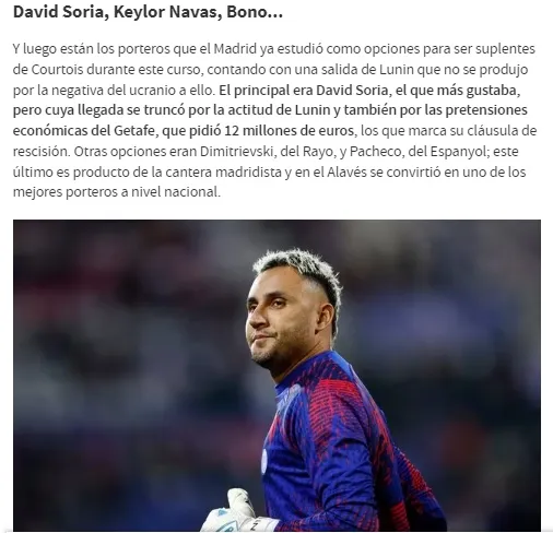 Marca presenta a Keylor Navas como candidato a llegar al Real Madrid.
