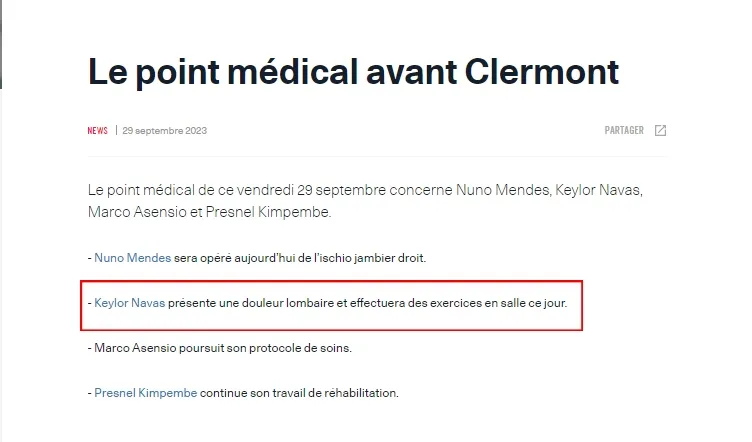 El parte médico que publicó el PSG.