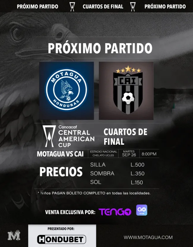 Los precios de los boletos para Motagua vs. CAI. (@MOTAGUAcom)