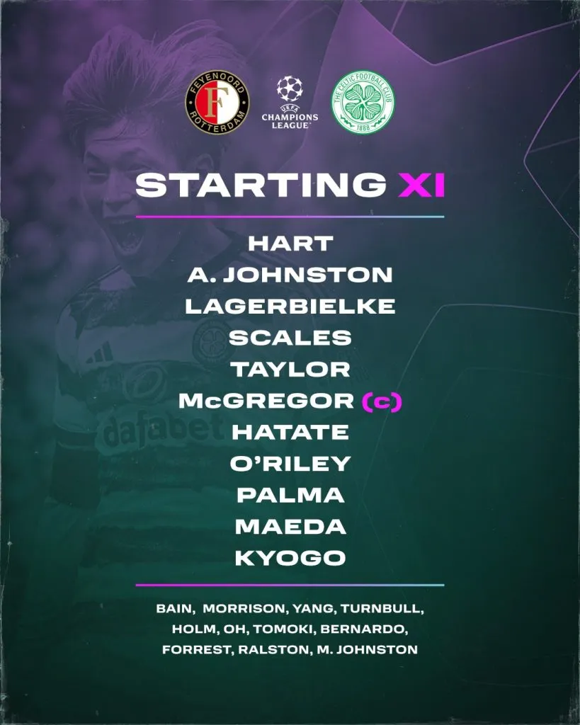 Luis Palma en el XI inicial de Celtic para enfrentar a Feyenoord (Foto: Prensa Celtic)