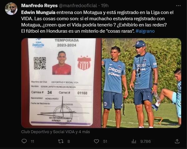 Edwin Munguía está registrado como jugador del Vida.