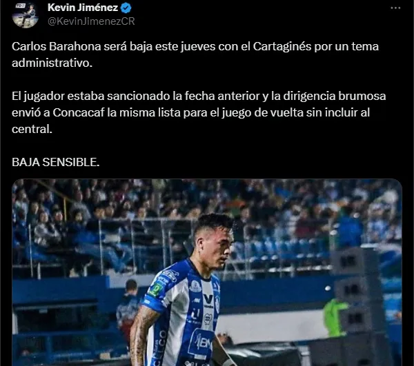 Carlos Barahona no podrá estar por un tema administrativo.