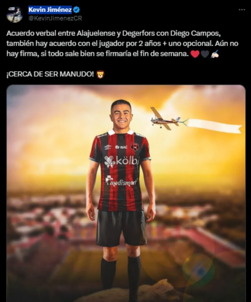 Kevin Jiménez da casi por hecho el fichaje de Campos a Alajuelense. (Foto: X)