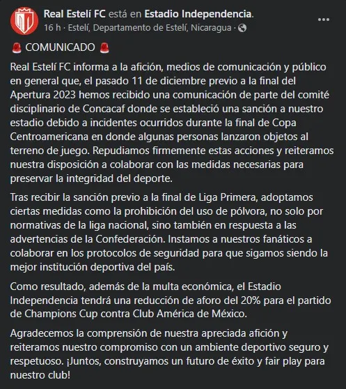El comunicado completo de Real Estelí tras la sanción que Concacaf le impuso.