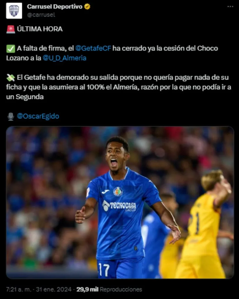 Anthony Lozano continuará su carrera en el Almería. (Foto: X)