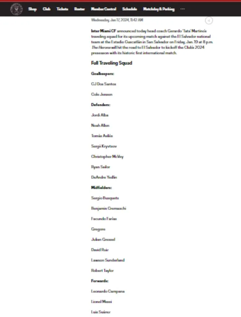 El anuncio del Inter Miami en su página web. (Foto: Inter Miami)