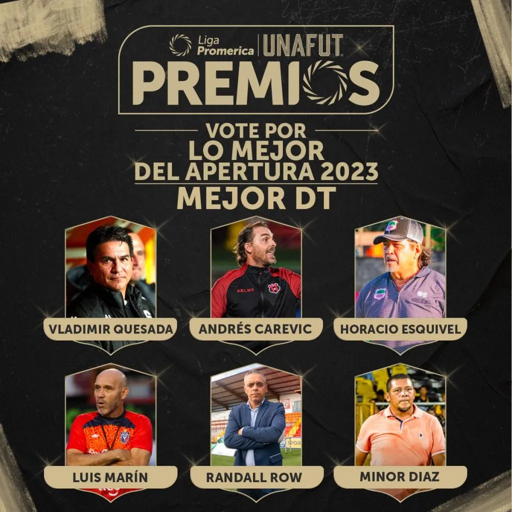Los seis nominados a mejor entrenador del Apertura 2023 de Costa Rica (Foto: Unafut)