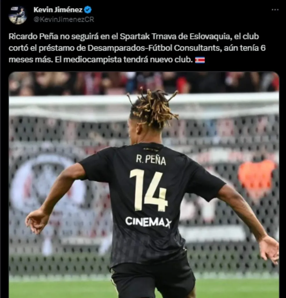 Kevin Jiménez informó que Ricardo Peña no continuará en el conjunto eslovaco. (Foto: X)
