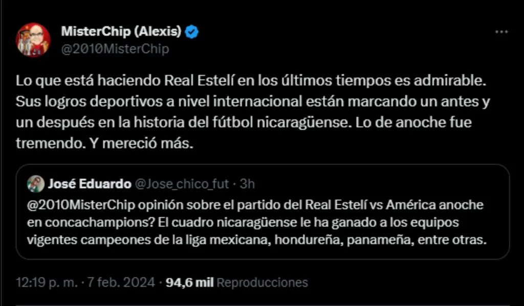 El mensaje de MisterChip sobre el gran presente de Real Estelí. (Foto: X)