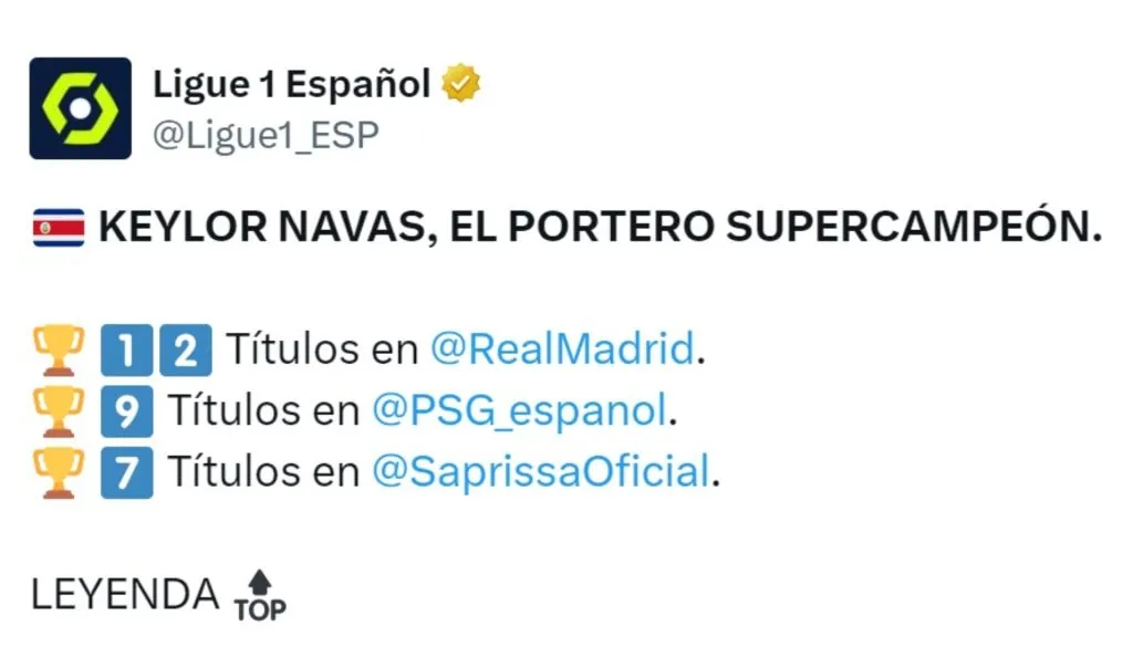 Keylor Navas fue destacado por la Ligue 1 en Español. (Foto: X)