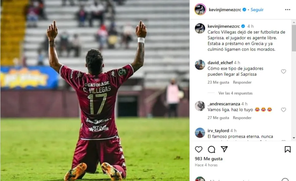 Carlos Villegas no continuará jugando en Saprissa. (Foto: Instagram)