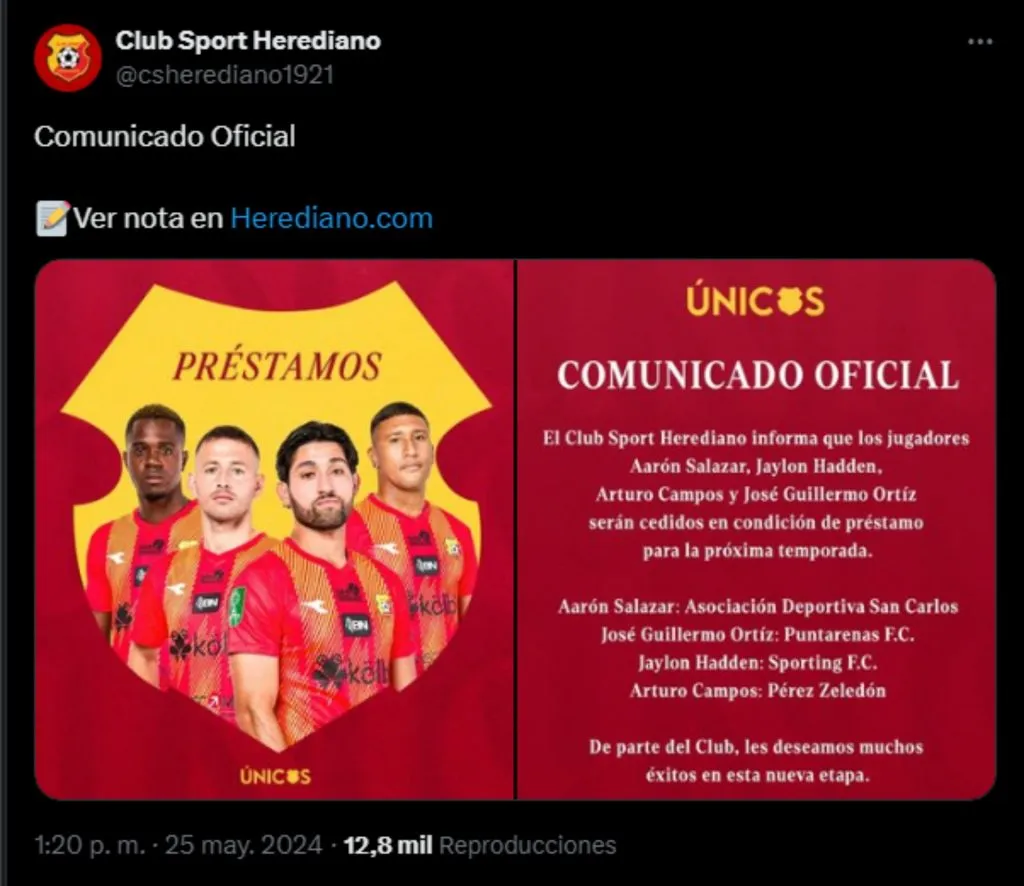 El anuncio de los préstamos de Herediano. (Foto: X)