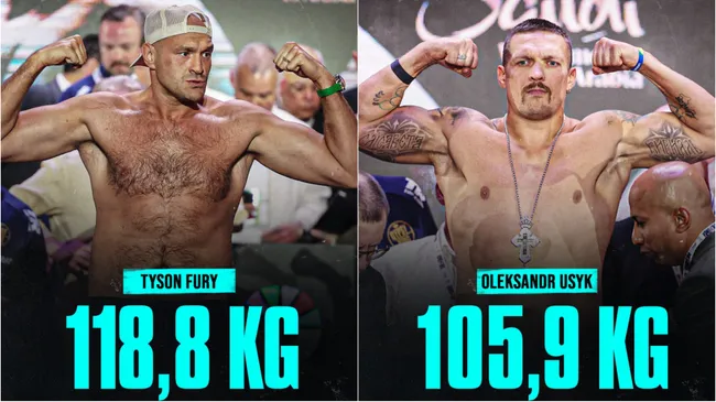 Tras el pesaje, se conoció que habrá una diferencia de casi 13 kilos —o 30 libras— entre Fury y Usyk. (Fotos: @LaSueur_off / Twitter)