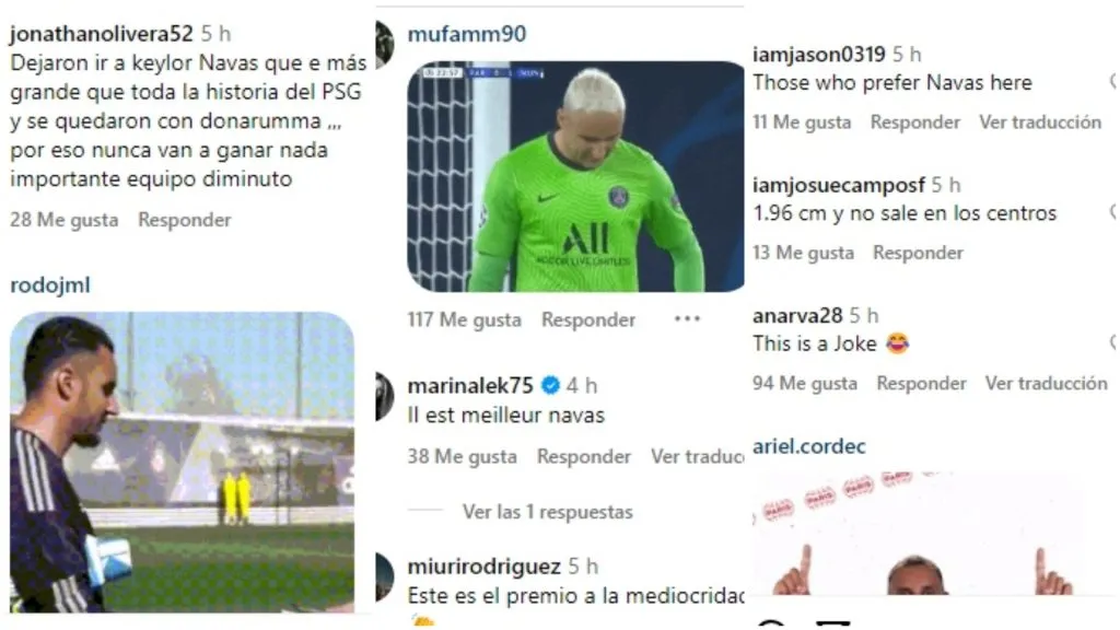 Los comentarios destacando a Keylor Navas en el posteo de Donnarumma.