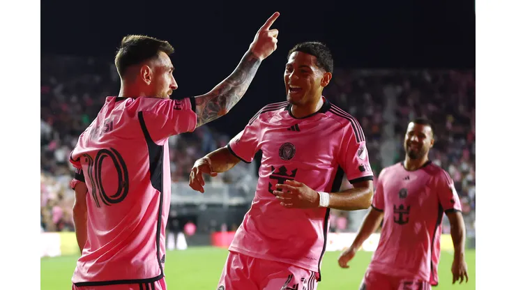 FORT LAUDERDALE, FLORIDA - APRIL 06: Lionel Messi #10 celebrates a second half goal with David Ruiz #41 of Inter Miami during a game against the Colorado Rapids at DRV PNK Stadium on April 06, 2024 in Fort Lauderdale, Florida. (Photo by Megan Briggs/Getty Images)