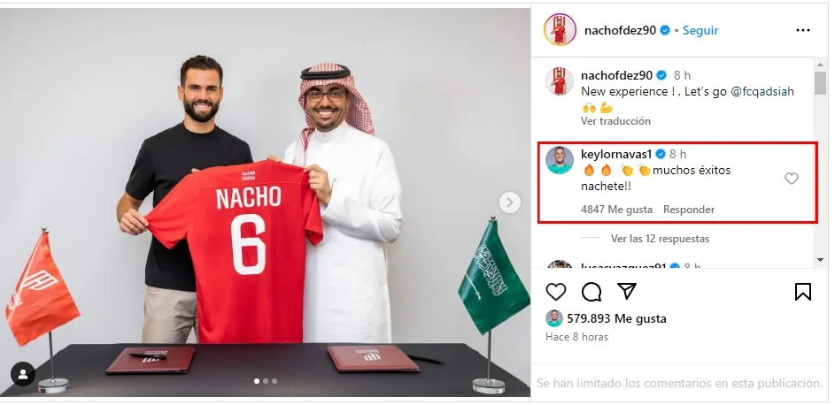 El comentario de Keylor Navas al posteo de Nacho Fernández.
