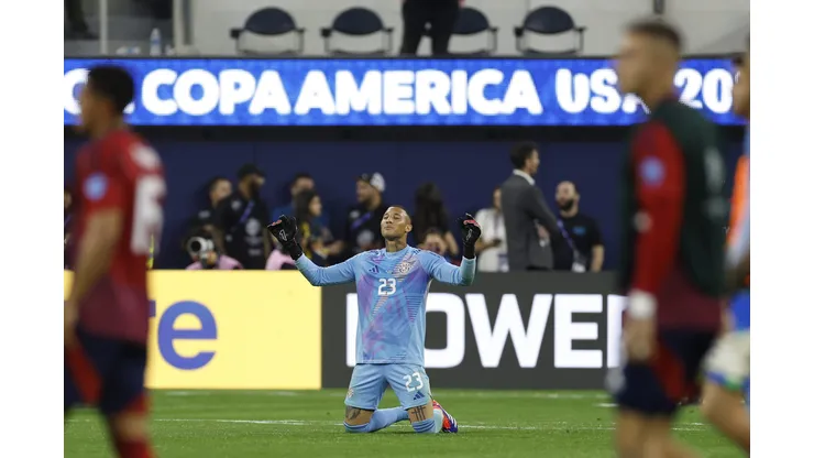 INGLEWOOD, CALIFORNIA - JUNE 24: Patrick Sequeira of Costa Rica prays at the end of the CONMEBOL Copa America 2024 Group D match between Brazil and Costa Rica at SoFi Stadium on June 24, 2024 in Inglewood, California. (Photo by Buda Mendes/Getty Images)