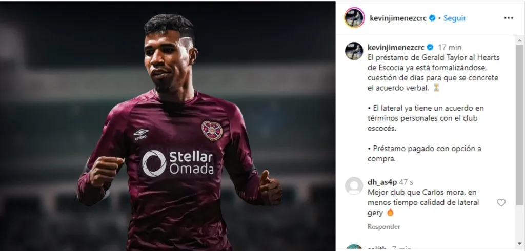 La información de Kevin Jiménez sobre Gerald Taylor. (Foto: Instagram)