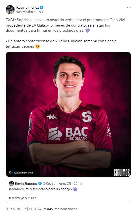 Kevin Jiménez dio la primicia del fichaje de Saprissa. (Twitte)