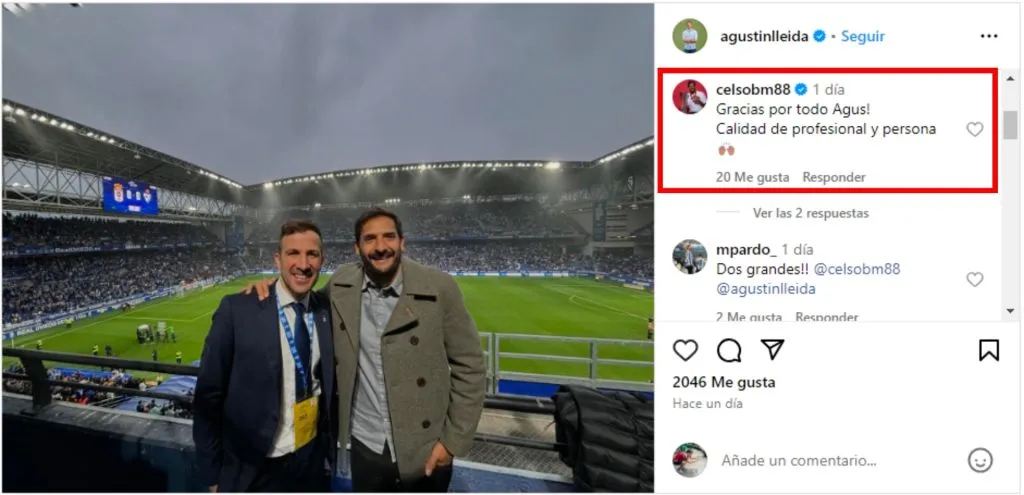 El mensaje de Celso Borges a Agustín Lleida. (Foto: Instagram)