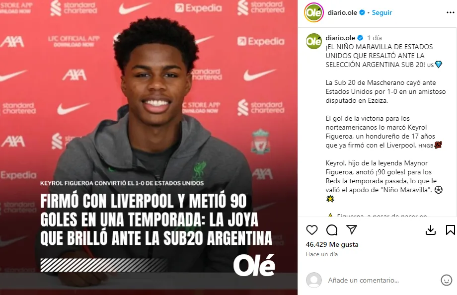 Así lo presentó el Diario Olé de Argentina. (@diario.ole)