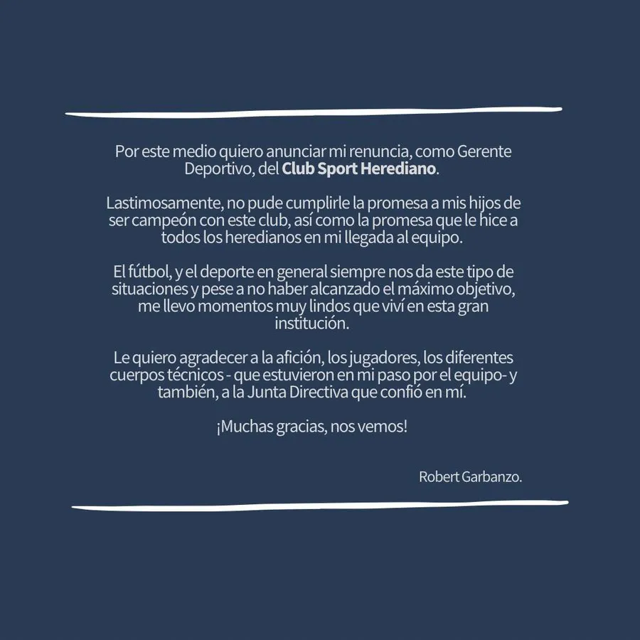La carta de despedida de Robert Garbanzo (Twitter).