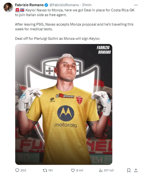 La confirmación de Fabrizio Romano sobre Keylor Navas. (Twitter)