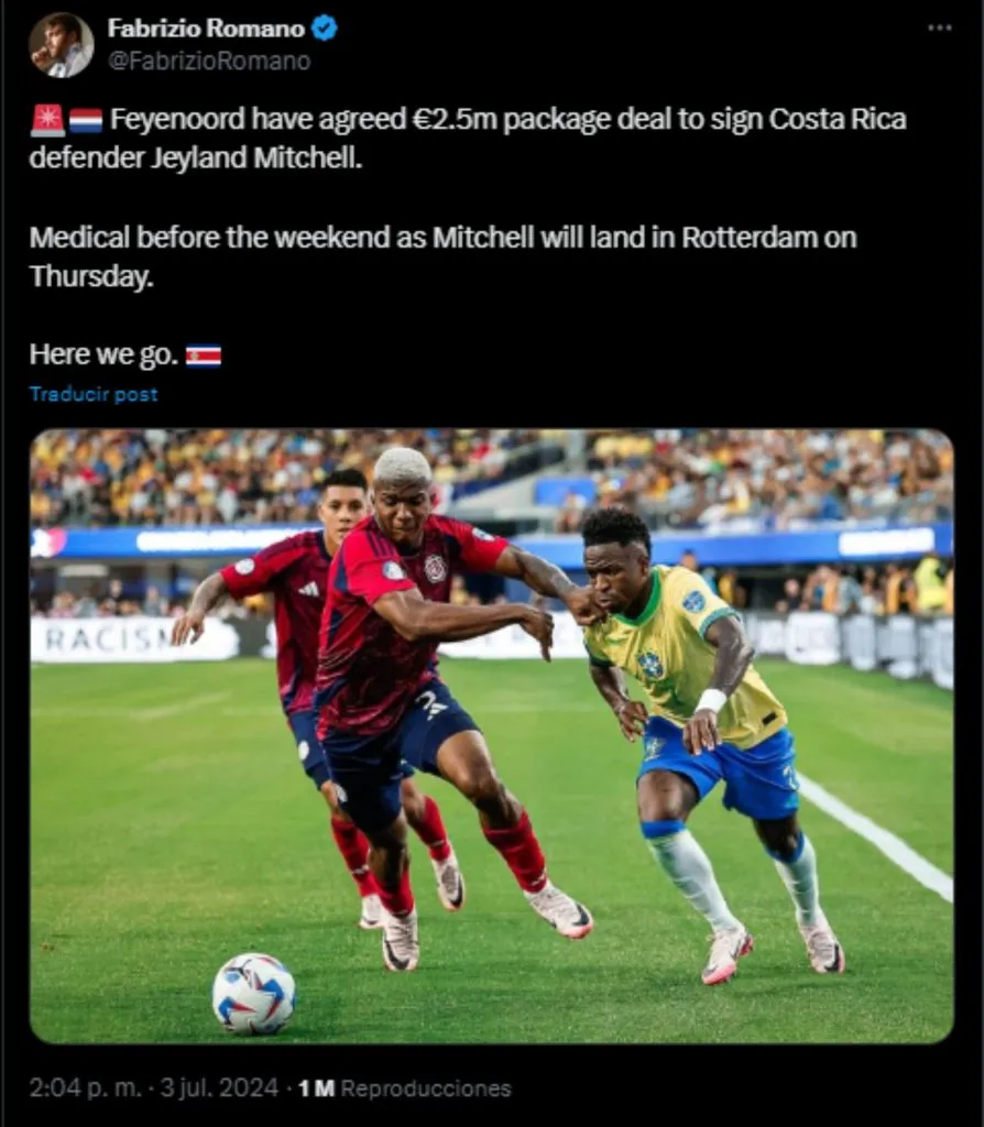 Fabrizio Romano sobre el fichaje de Jeyland Mitchell al Feyenoord.