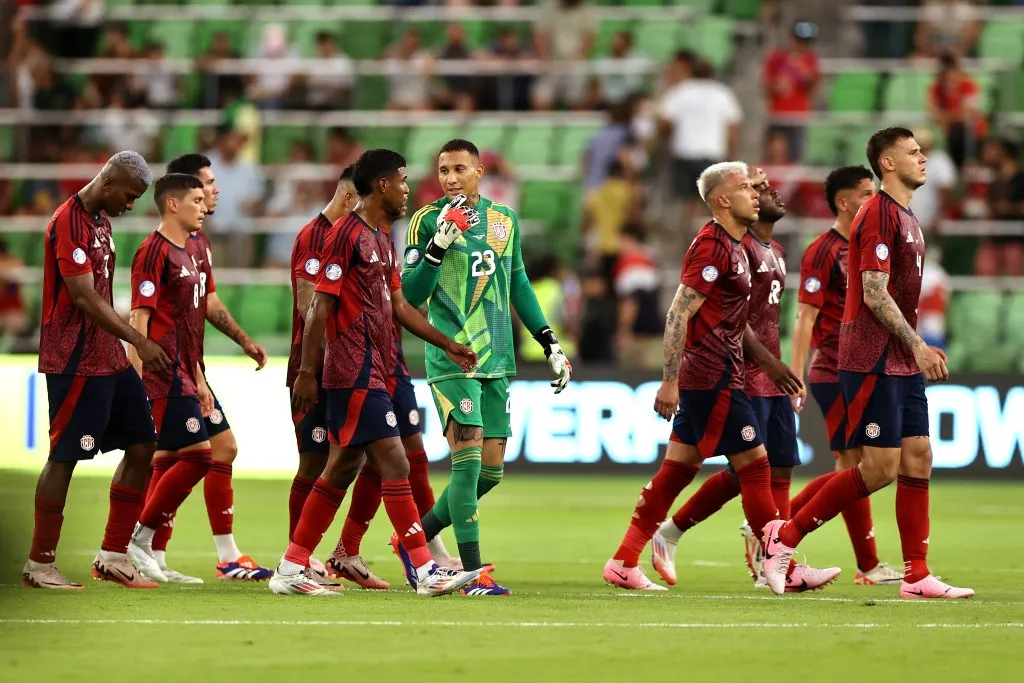 AUSTIN, TEXAS – JULY 02: Patrick Sequeira of Costa Rica talks with teammates during the CONMEBOL Copa America 2024 Group D match between Costa Rica and Paraguay at Q2 Stadium on July 02, 2024 in Austin, Texas. (Photo by Omar Vega/Getty Images)