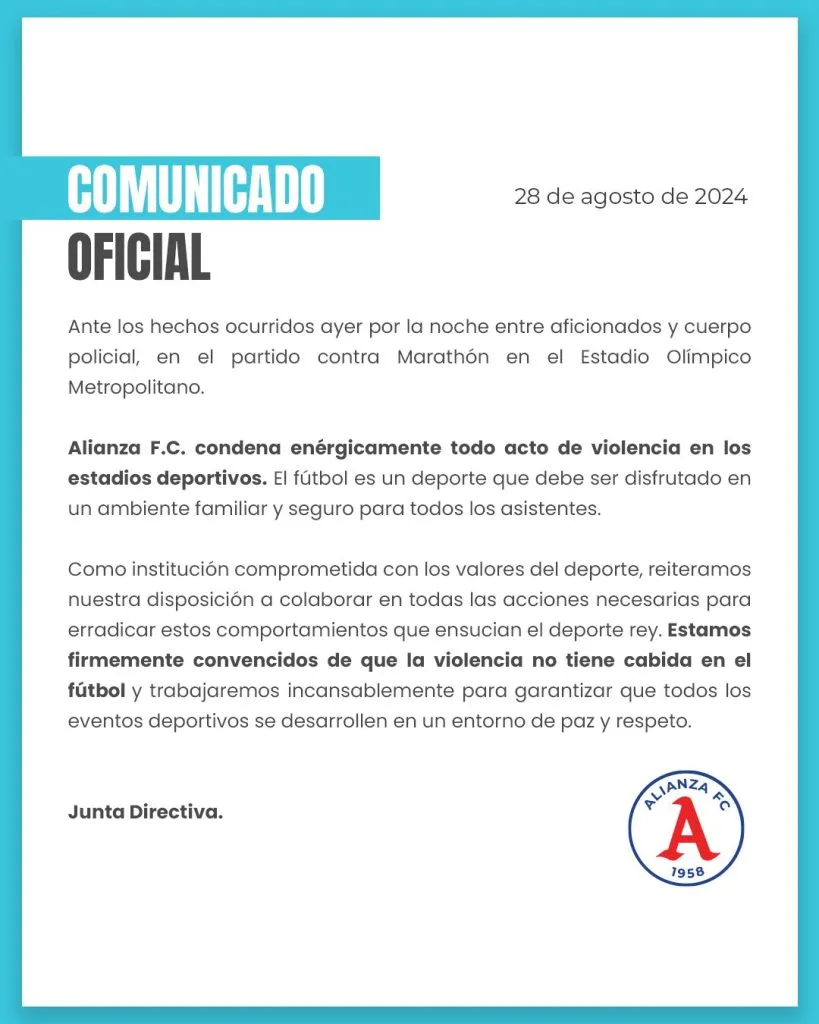 El comunicado difundido por Alianza.