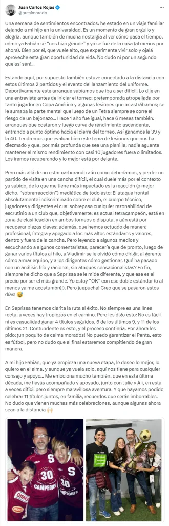 La larga carta publicada en X por Juan Carlos Rojas.