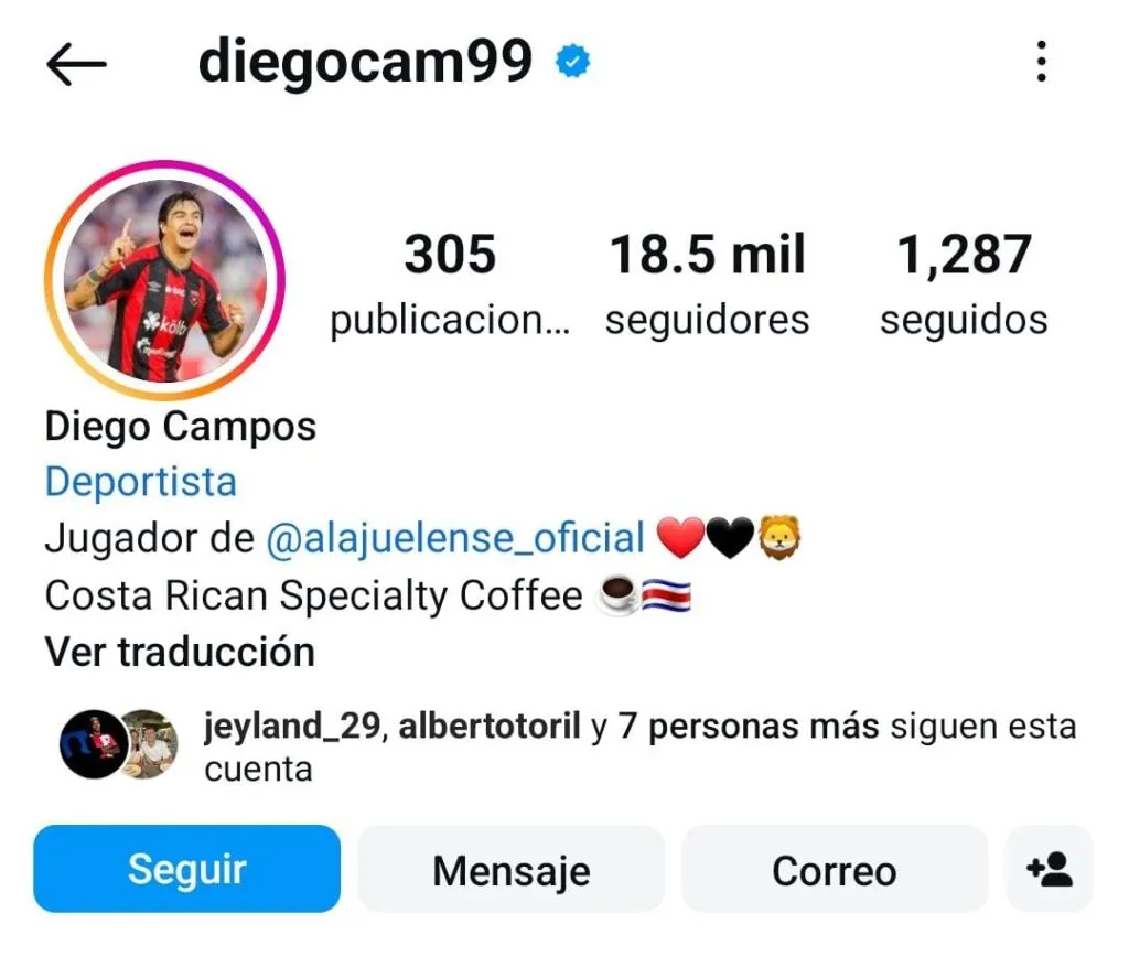 Diego Campos detallando en su Instagram que es un especialista en café