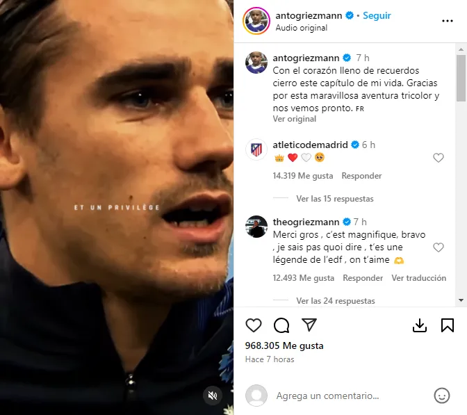 El mensaje que Griezmann publicó en su cuenta de Instagram.