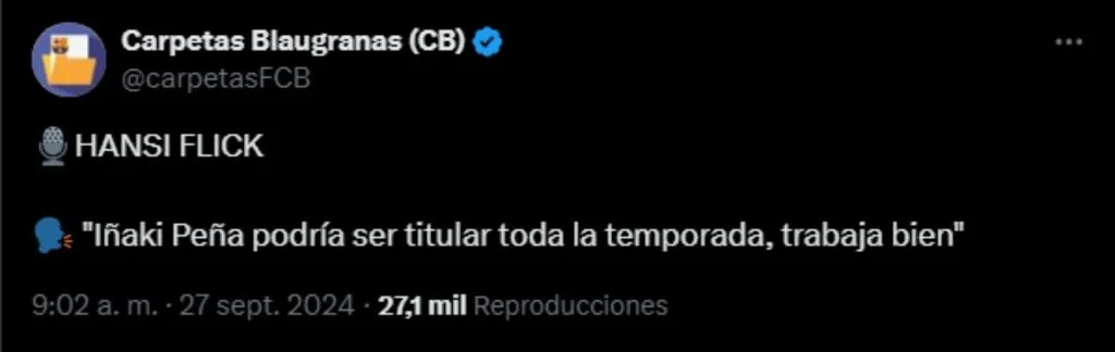 Hansi Flick ve a Iñaki Peña siendo el titular.