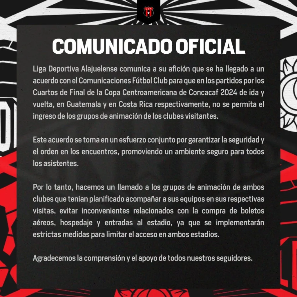 Comunicado de Alajuelense sobre la afición ante Comunicaciones.