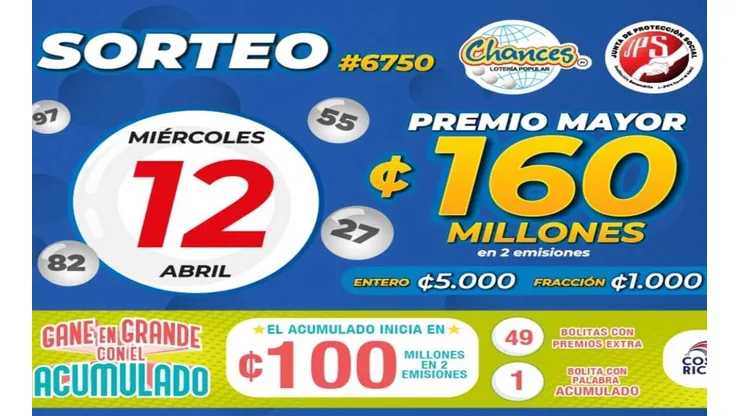 ◉ Chances de Costa Rica de HOY: sorteo, resultados y números ganadores del miércoles 12 de abril | Lotería Costa Rica Premio Mayor ¢160 millones.