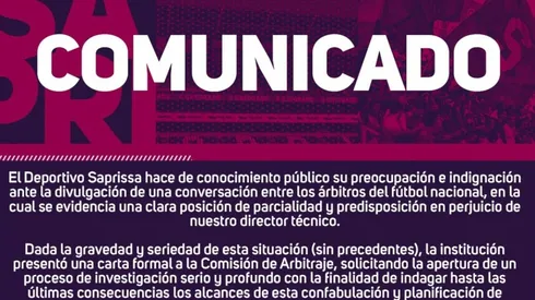 Saprissa pide acciones inmediatas tras las publicaciones en un chat de árbitros (Saprissa)