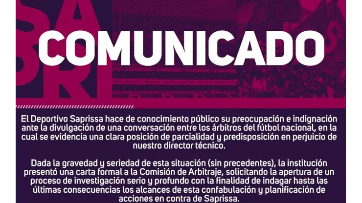 Saprissa pide acciones inmediatas tras las publicaciones en un chat de árbitros (Saprissa)