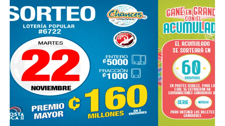 ◉ Chances de Costa Rica de HOY: sorteo, resultados y números ganadores del martes 22 de noviembre | Lotería Costa Rica Premio Mayor ¢160 millones.