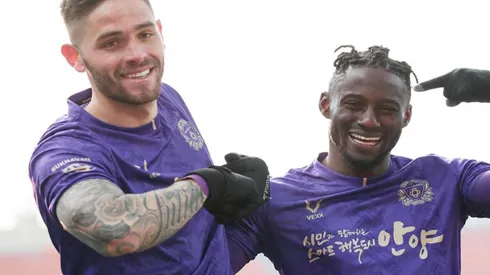Jonathan Moya celebra su primer gol de la temporada en Corea del Sur.