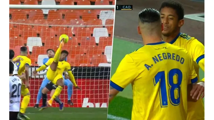 Choco Lozano marca un golazo de chilena para el Cádiz
