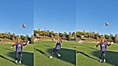 Keylor Navas dominando el balón en un entrenamiento del PSG