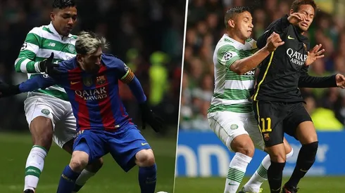 Emilio Izaguirre marcando a Lionel Messi y a Neymar