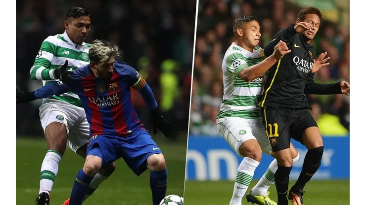 Emilio Izaguirre marcando a Lionel Messi y a Neymar
