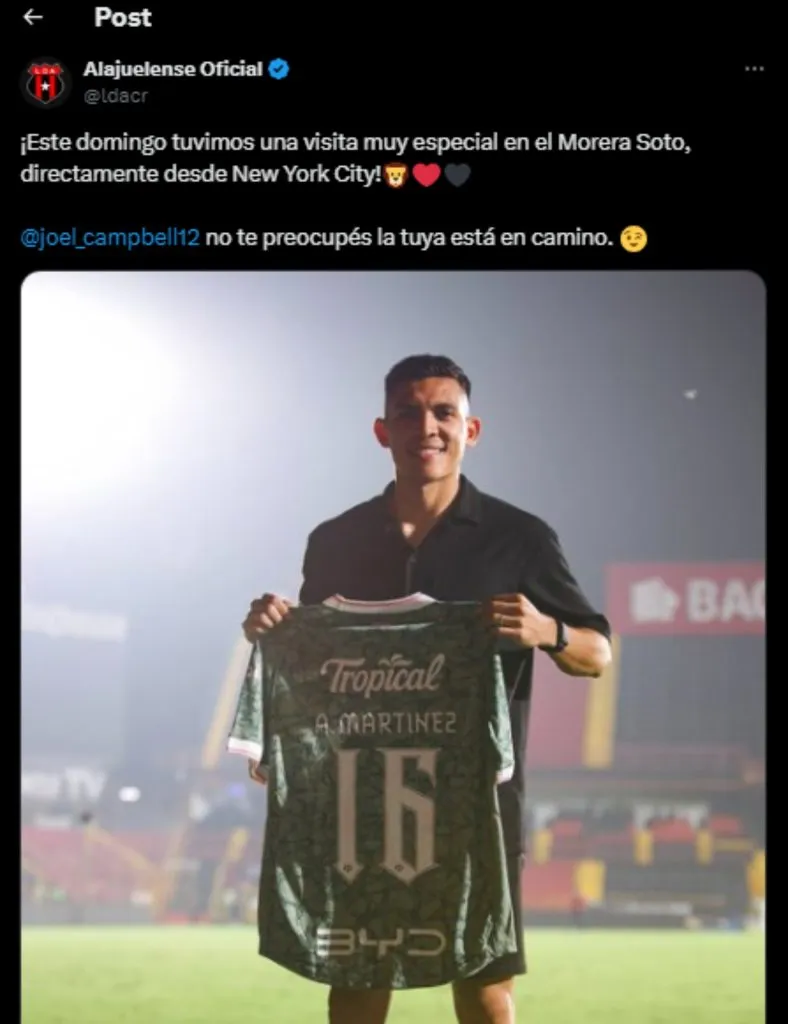 La publicación de Alajuelense con Alonso Martínez y mencionando a Joel Campbell.