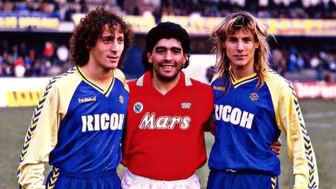 Pedro Troglio junto a Diego Maradona y Paul Caniggia.