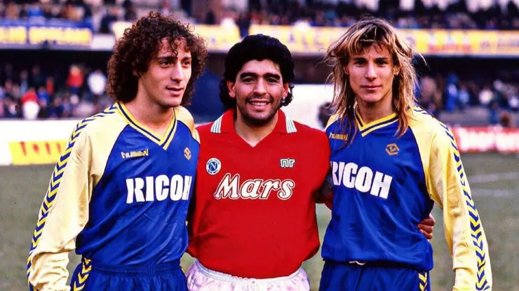 Pedro Troglio junto a Diego Maradona y Paul Caniggia.