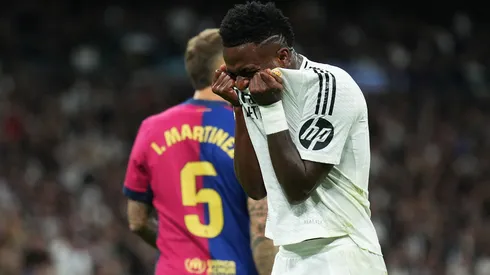 MADRID, SPAIN - OCTOBER 26: Vinicius Junior of Real Madrid reacts during the LaLiga match between Real Madrid CF and FC Barcelona at Estadio Santiago Bernabeu on October 26, 2024 in Madrid, Spain. (Photo by Angel Martinez/Getty Images)